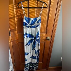Blue and White Leaf Print Maxi Dress